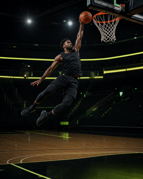 A person playing basketball in a dramatic arena